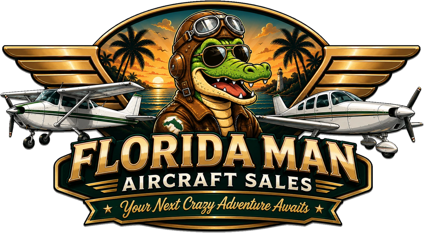 Florida Man Aircraft Sales — alligator pilot with goggles, gold wings, palm trees, and two airplanes on a runway
